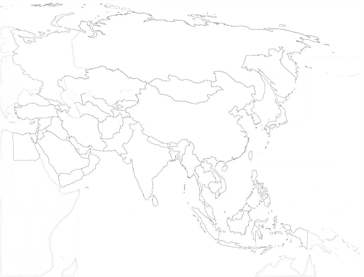 На раскраске изображено: Азия, Карта, Контурная карта