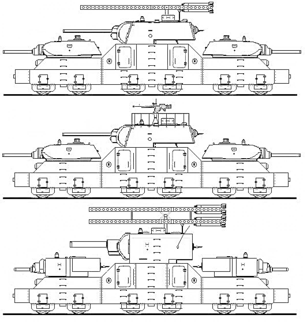 Раскраска Бронепоезд с пулеметными и пушечными башнями на платформах