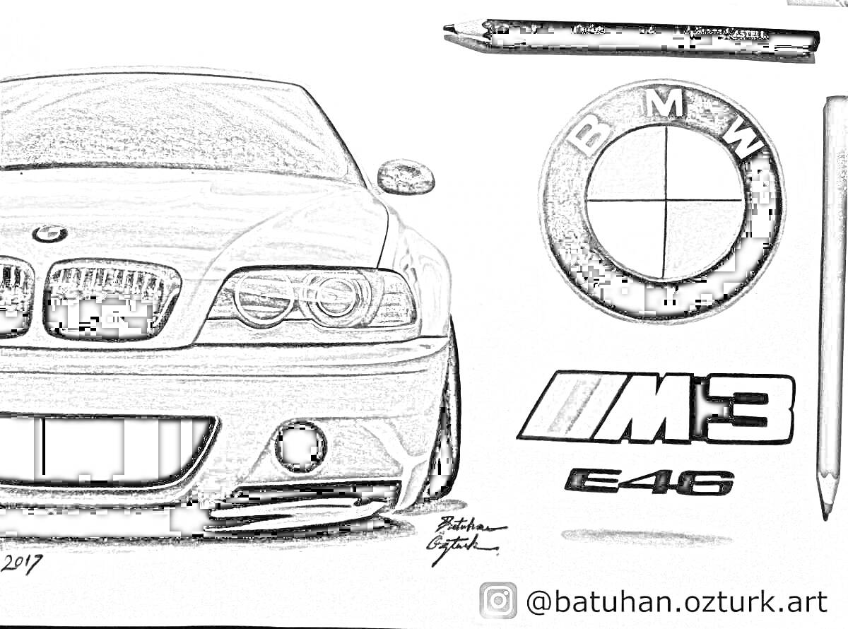 На раскраске изображено: BMW, Нож, Карандаши, Авто, Логотипы
