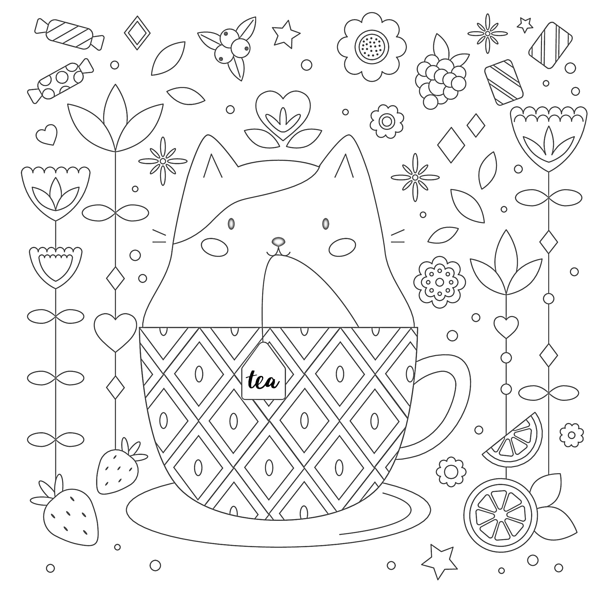На раскраске изображено: Кот, Ягоды, Цветы, Звезды, Чай, Уют