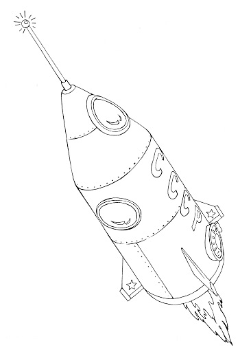 Раскраска Космический корабль с антеннами и иллюминаторами, летящий в космосе с огнями на хвосте