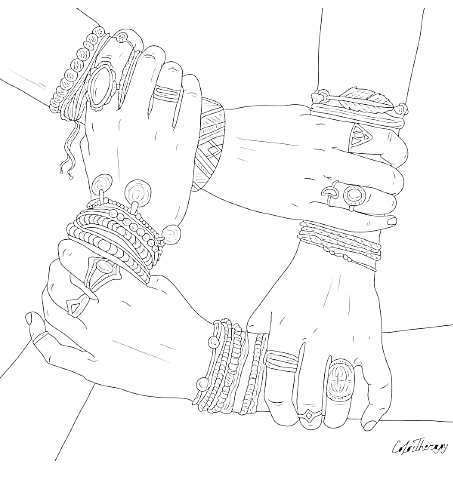 Раскраска Руки с браслетами и кольцами