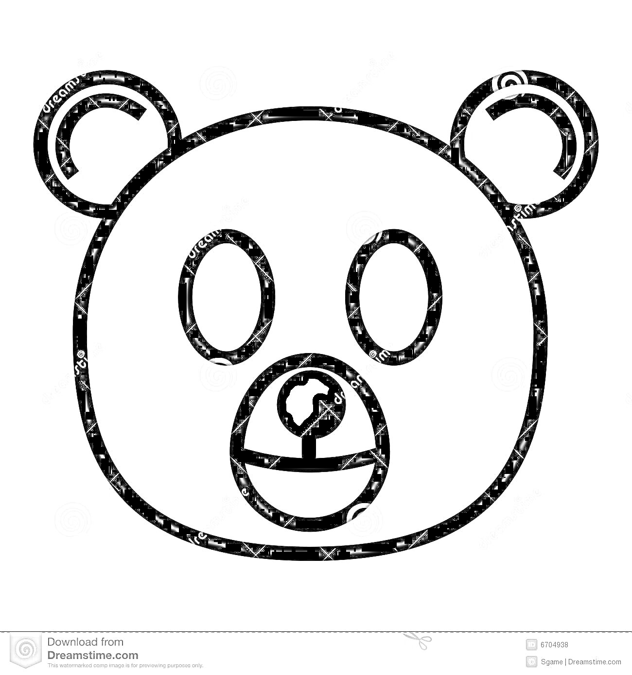 На раскраске изображено: Мишка, Голова, Уши, Глаза, Нос, Рот, Контур, Медведь