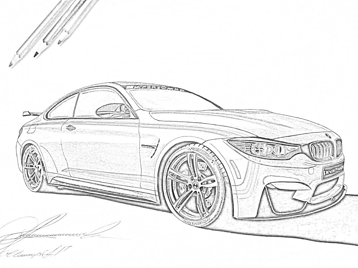 Раскраска Рисунок-раскраска BMW M4 с карандашами