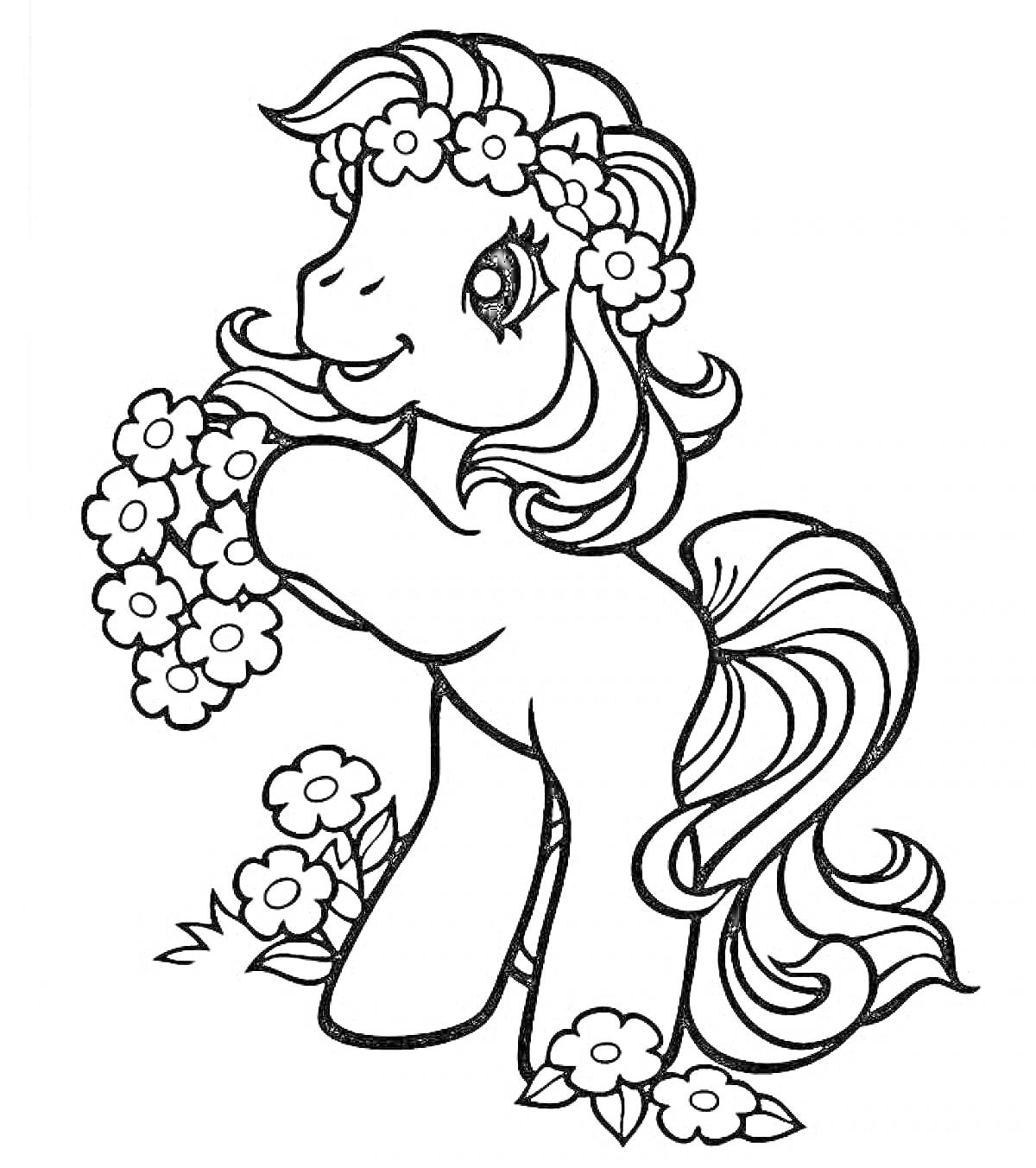 Раскраска Пони с цветочным венком и букетом цветов