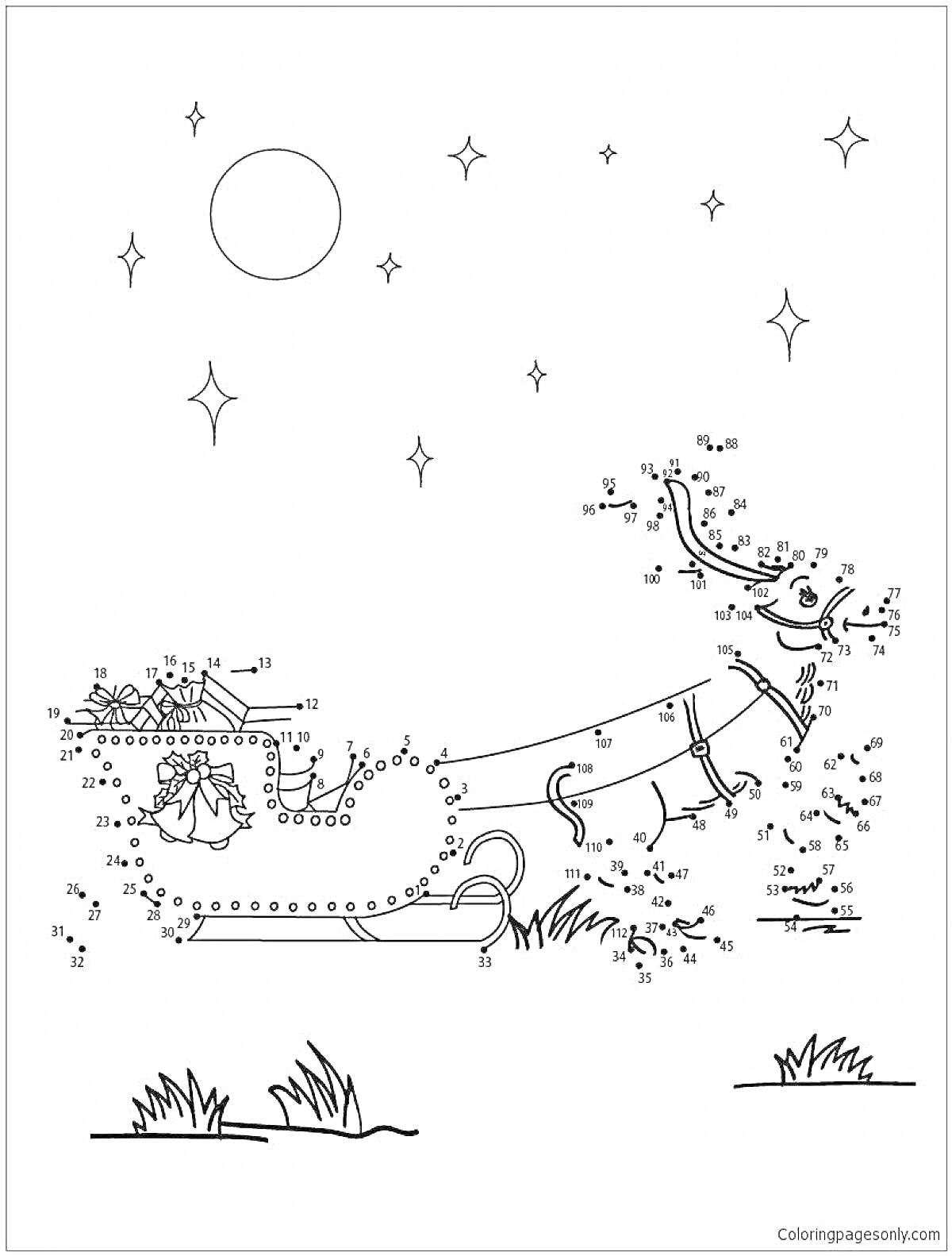 На раскраске изображено: По точкам, Олень, Рождество, Подарки, Звезды, Ночь, Нарисовать, Цифры