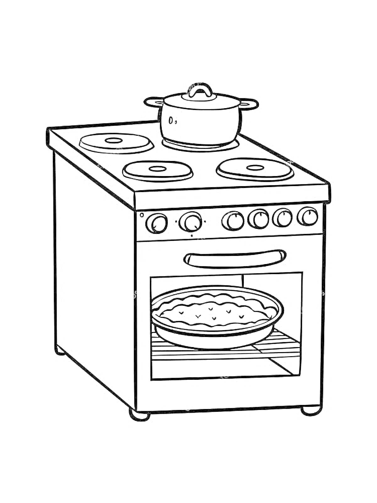 Раскраска Плита с кастрюлей на конфорке и пирогом в духовке