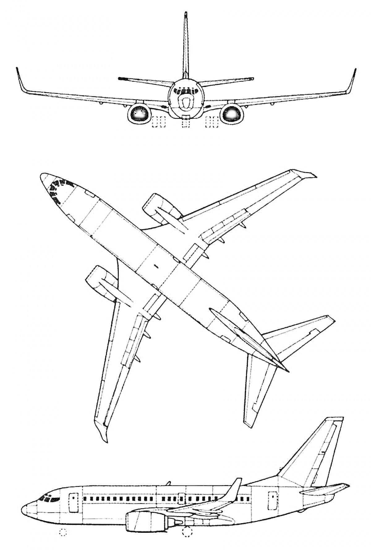 Раскраска Вид спереди, вид сверху и вид сбоку самолета Boeing 737