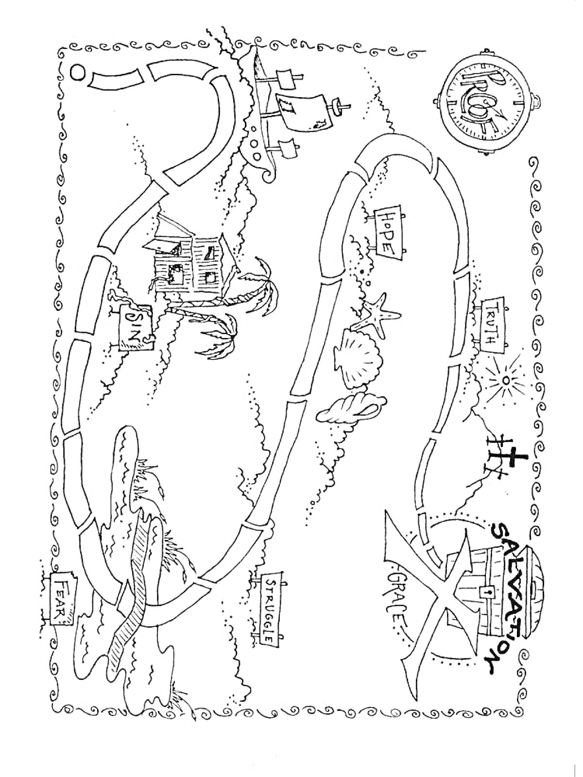 Раскраска Карта сокровищ с домом, пальмами, компасом, сундуком, кроликом, птицей, островом, пиратским кораблем, маяком