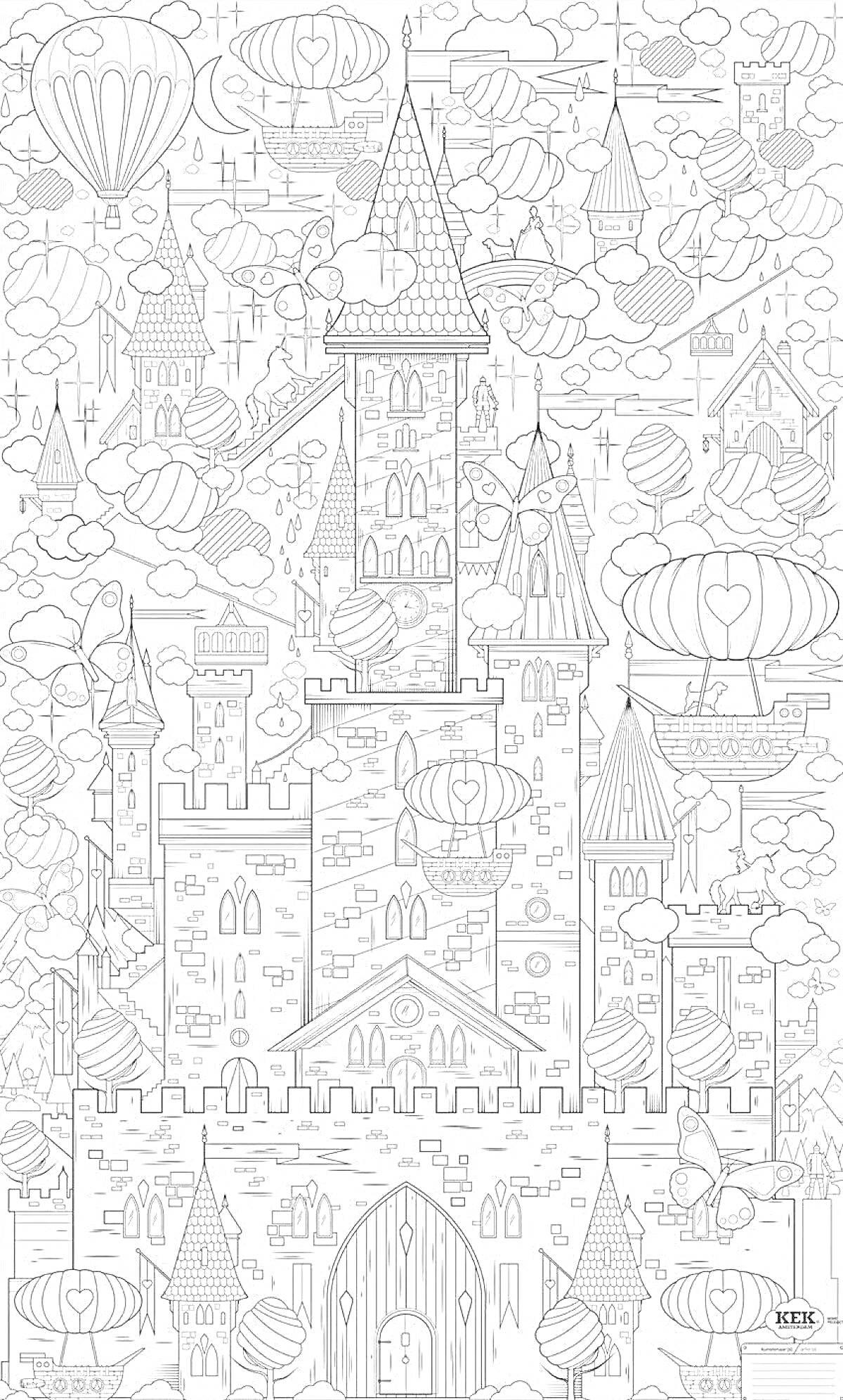 На раскраске изображено: Замок, Воздушные шары, Небо, Башни, Облака, Мечта, Приключения, Детализированные элементы, Фантазия