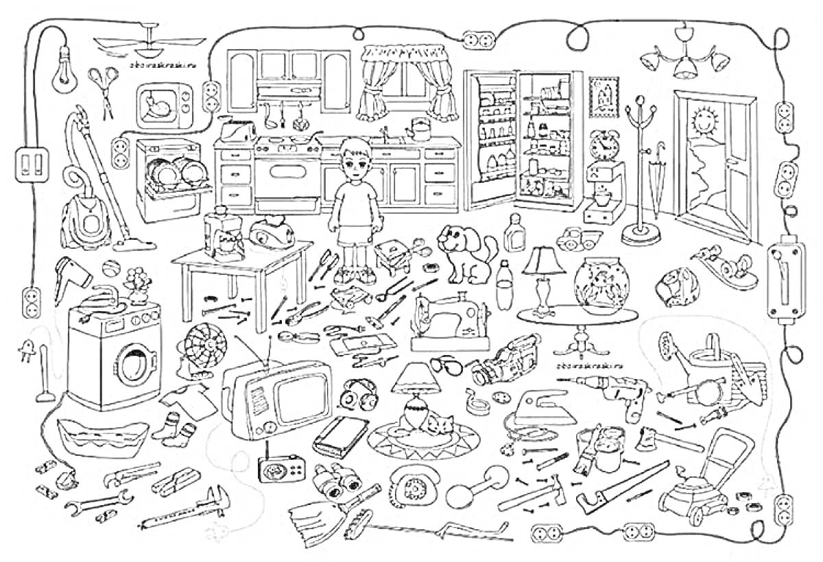 На раскраске изображено: Бытовая техника, Кухонная техника, Приборы, Тостер, Телевизор, Утюг, Лампа, Пылесос, Стиральная машина, Вентилятор, Кухонный комбайн, Телефон, Собака, Игрушки, Кухня, Спальня, Зарядка, Инструмент
