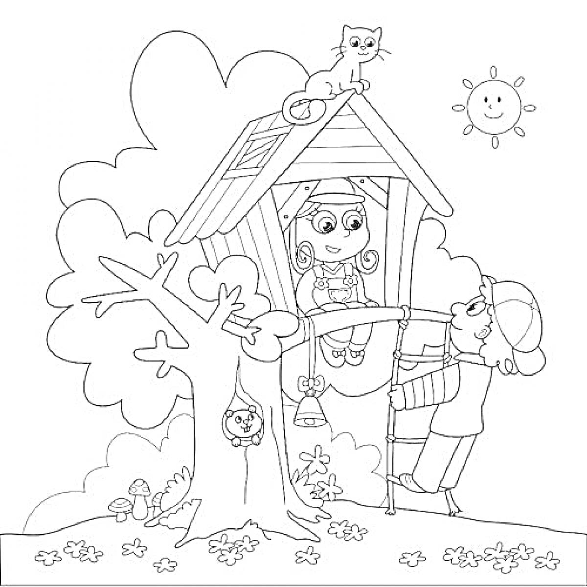 Ребенок и взрослый у домика на дереве, кошка на крыше, сова в дупле, солнце на небе, грибы и трава у основания дерева