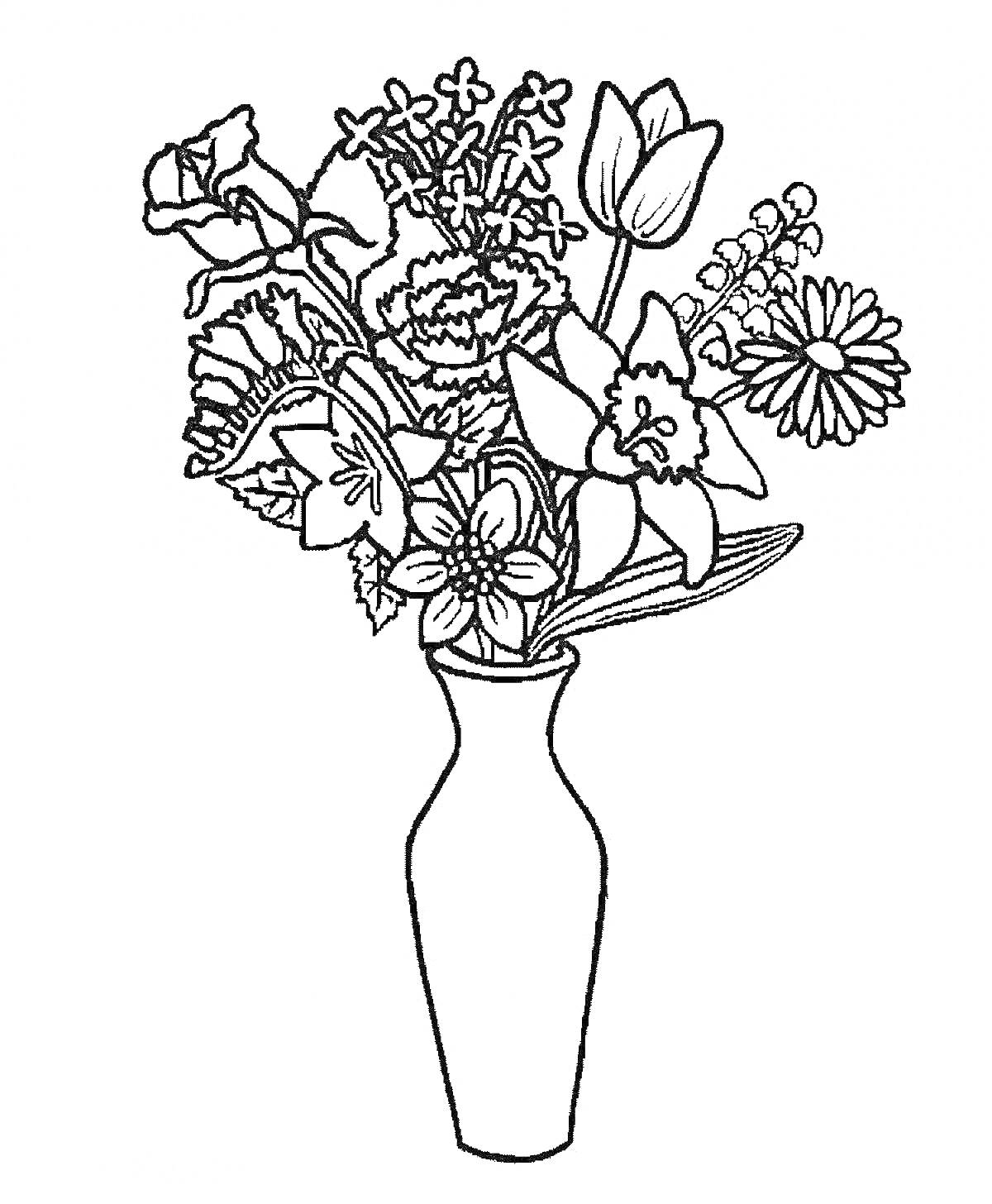 Раскраска Букет цветов в вазе с тюльпанами, нарциссами, герберами, гвоздиками и веточками