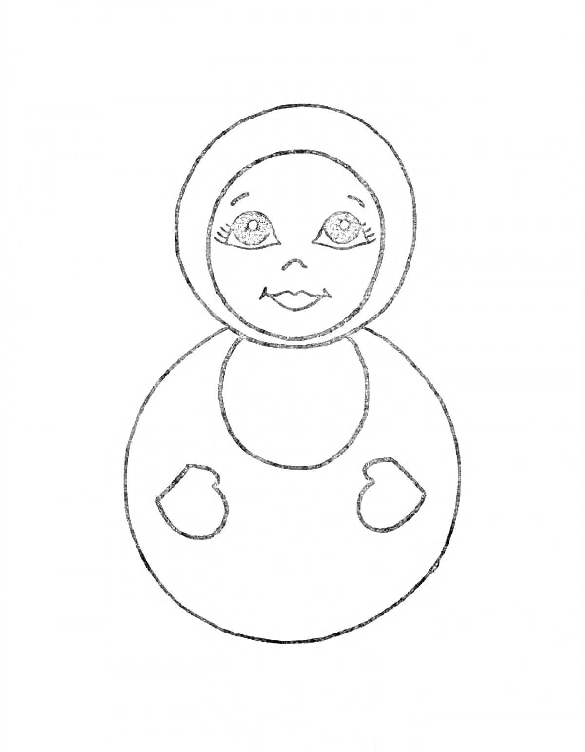 Раскраска Неваляшка с лицом, глазами, ртом, и двумя руками на круглом теле.