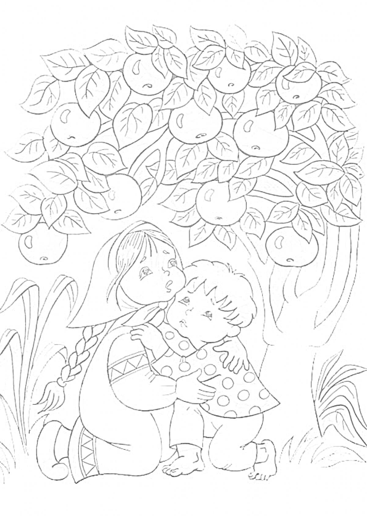 Раскраска Девочка с косой и мальчик под яблоней