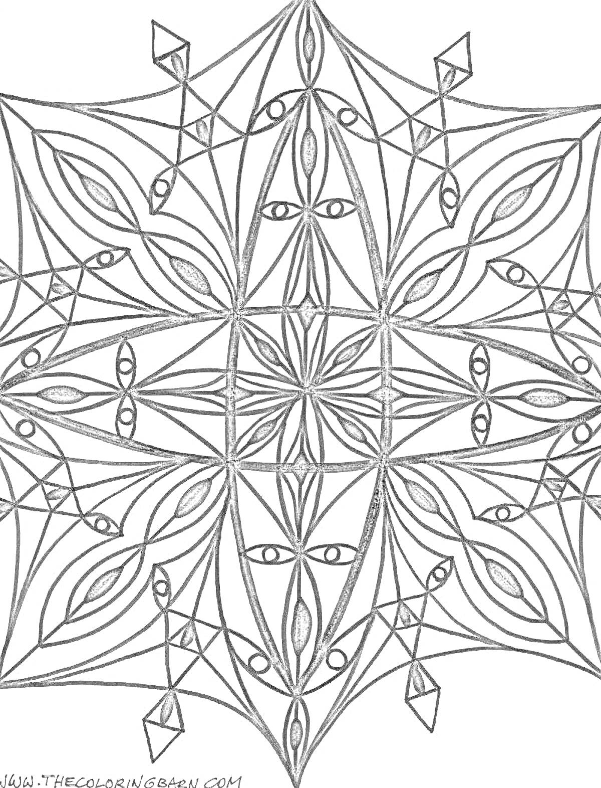 Раскраска Калейдоскоп с фигурами лепестков, овалами и геометрическими узорами