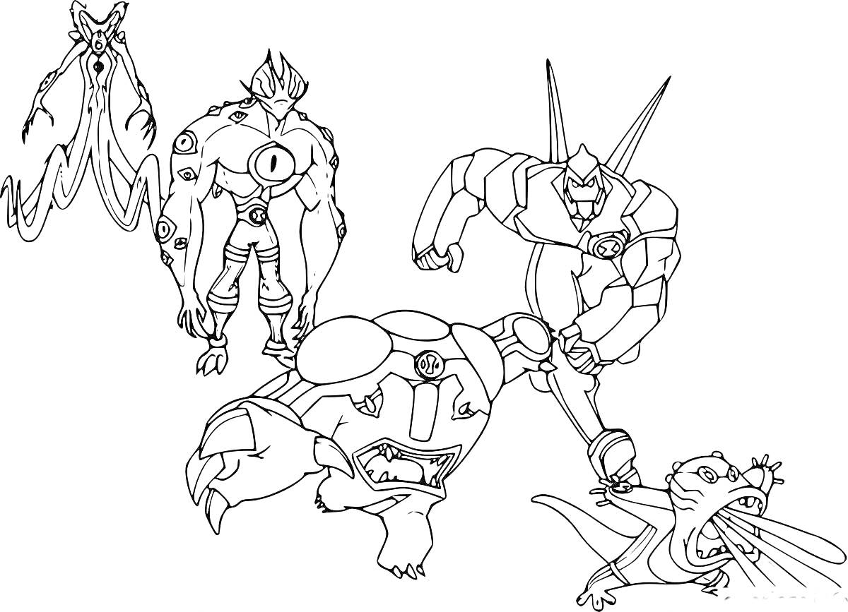 Раскраска Изображение с персонажами Ben 10: инопланетные герои с рогами, крыльями, щитами и когтями