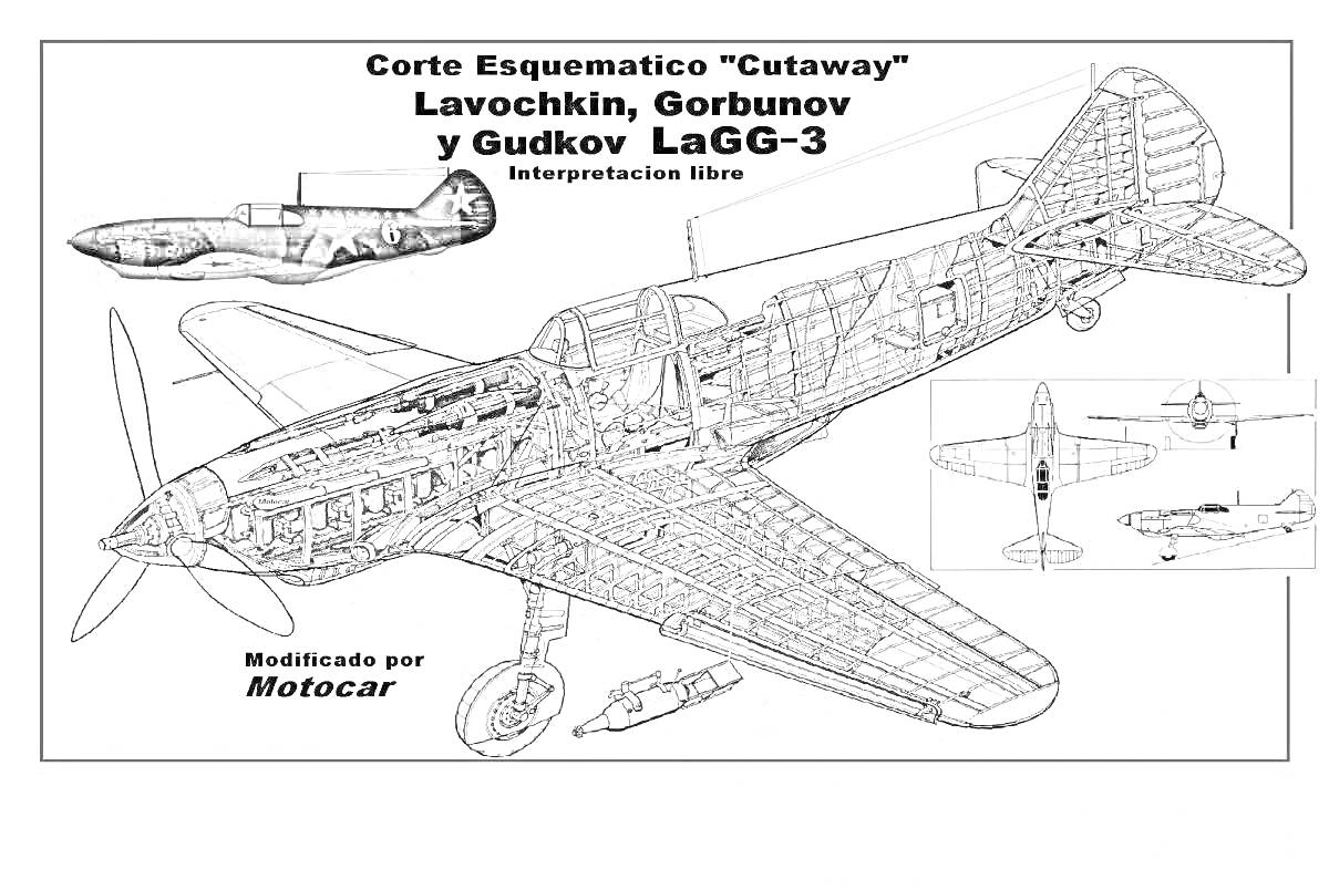 Раскраска Схематическое изображение самолета Лавочкин-Горбунов-Гудков ЛаГГ-3 в разрезе