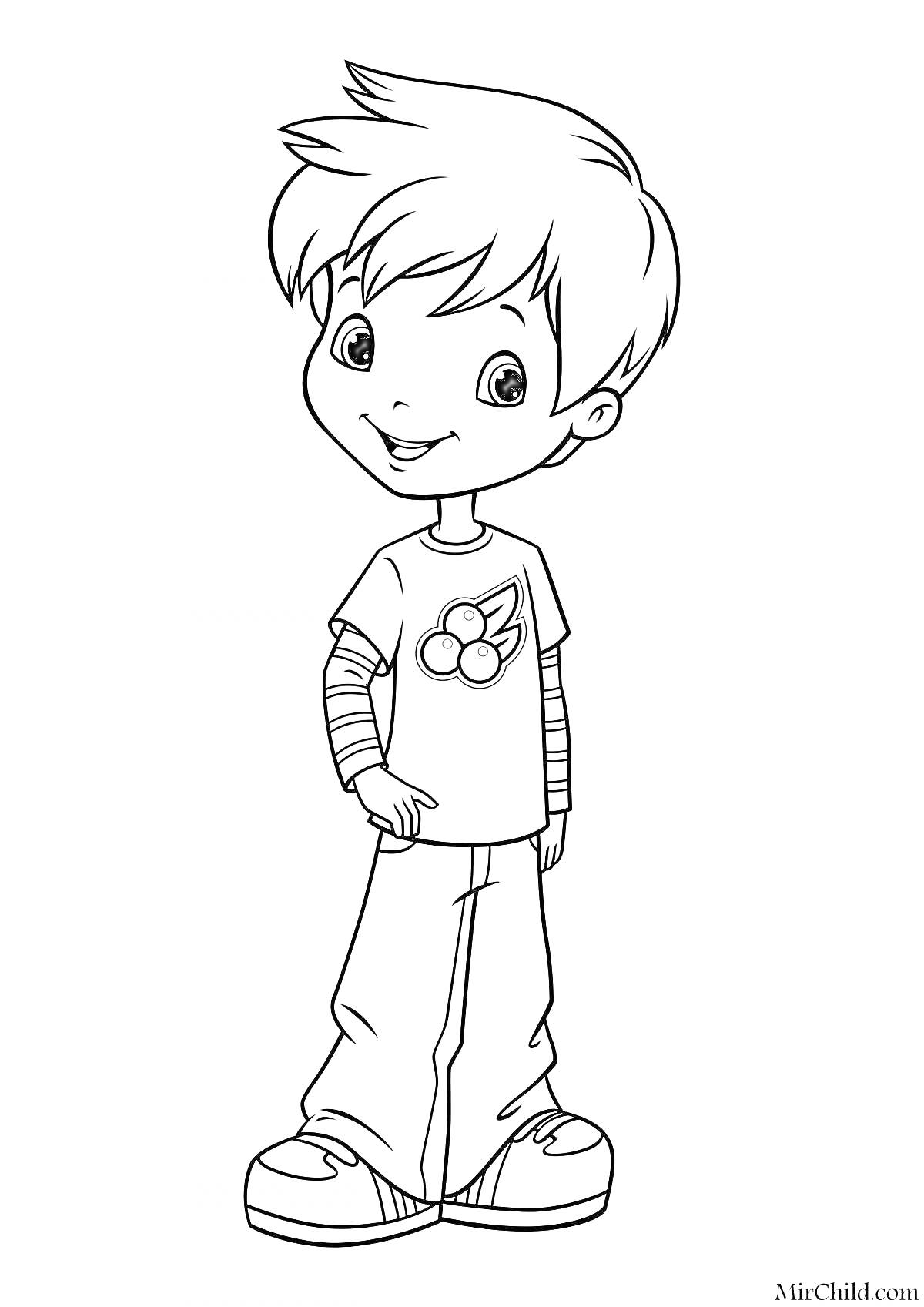 Раскраска Мальчик в футболке с вишнями, полосатых рукавах и кроссовках