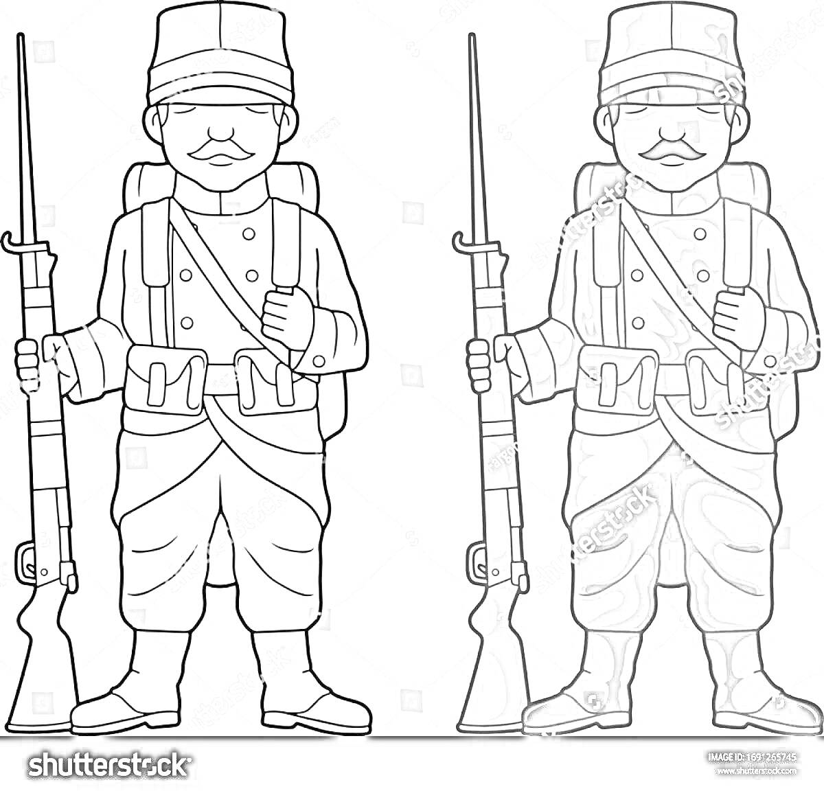 На раскраске изображено: Военные, Военная форма, Снаряжение, История, Война