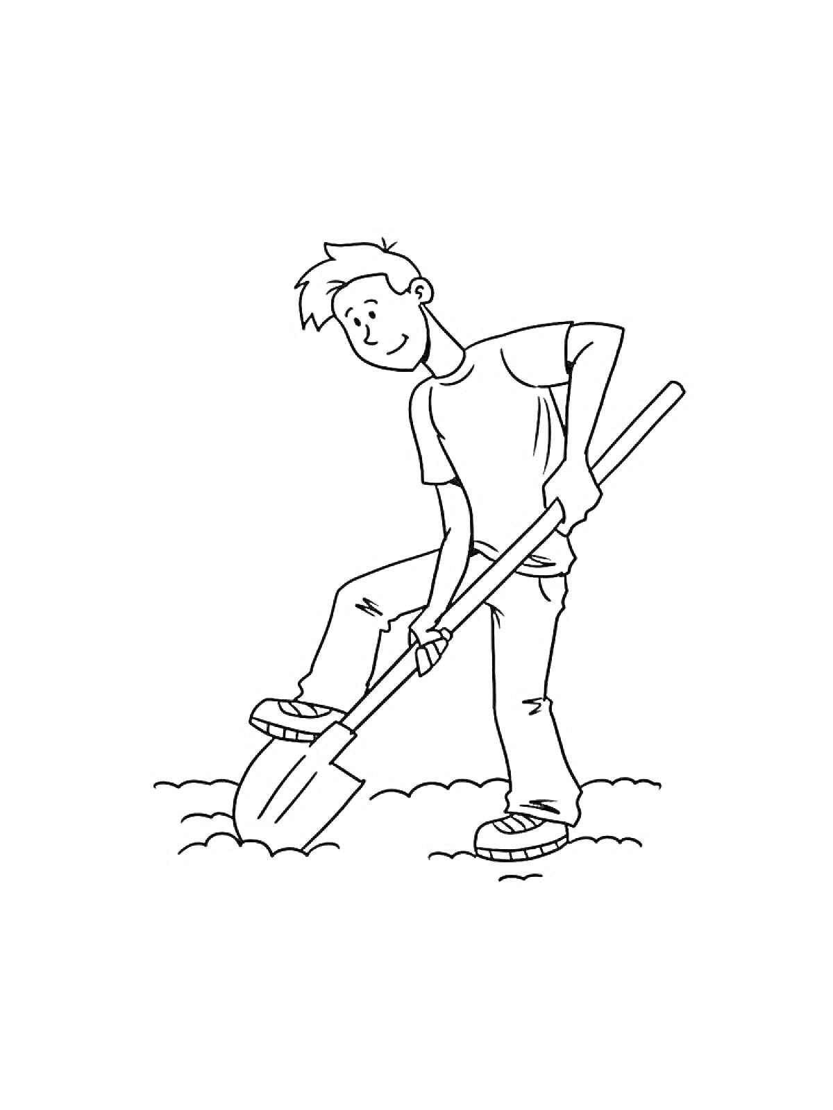 Раскраска Человек с лопатой копает землю