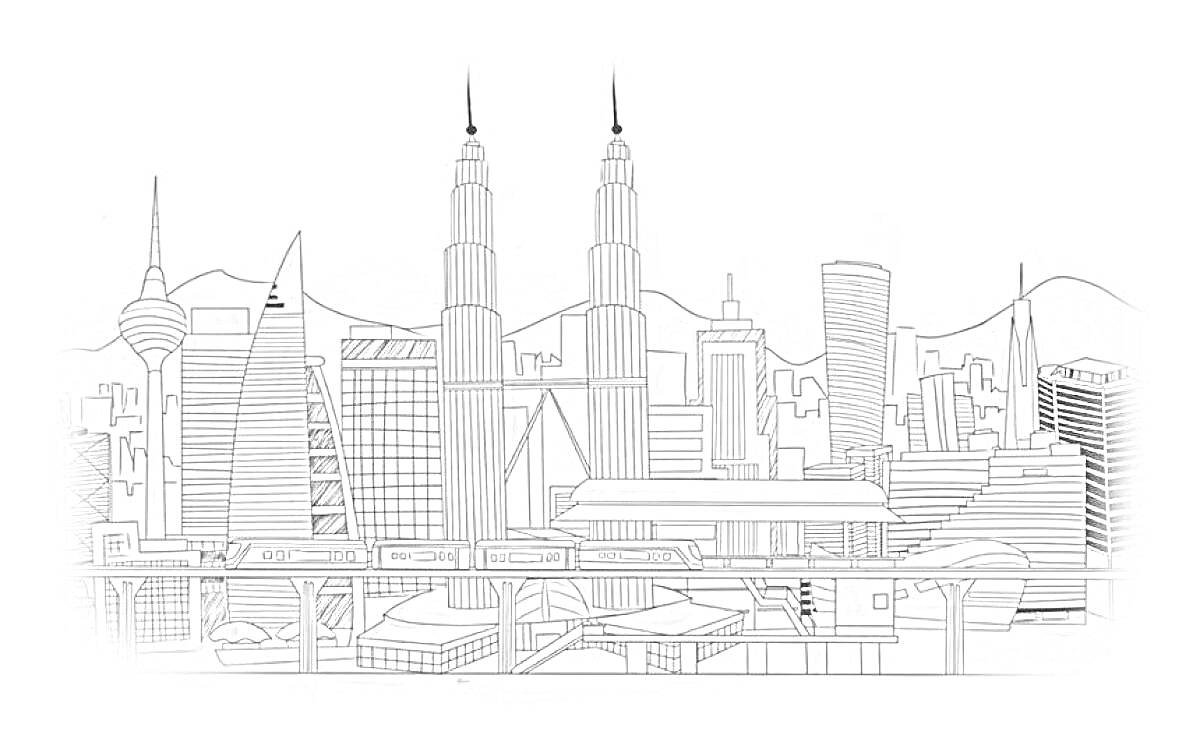 На раскраске изображено: Дубай, Небоскребы, Линия горизонта, Метро, Архитектура, Здания