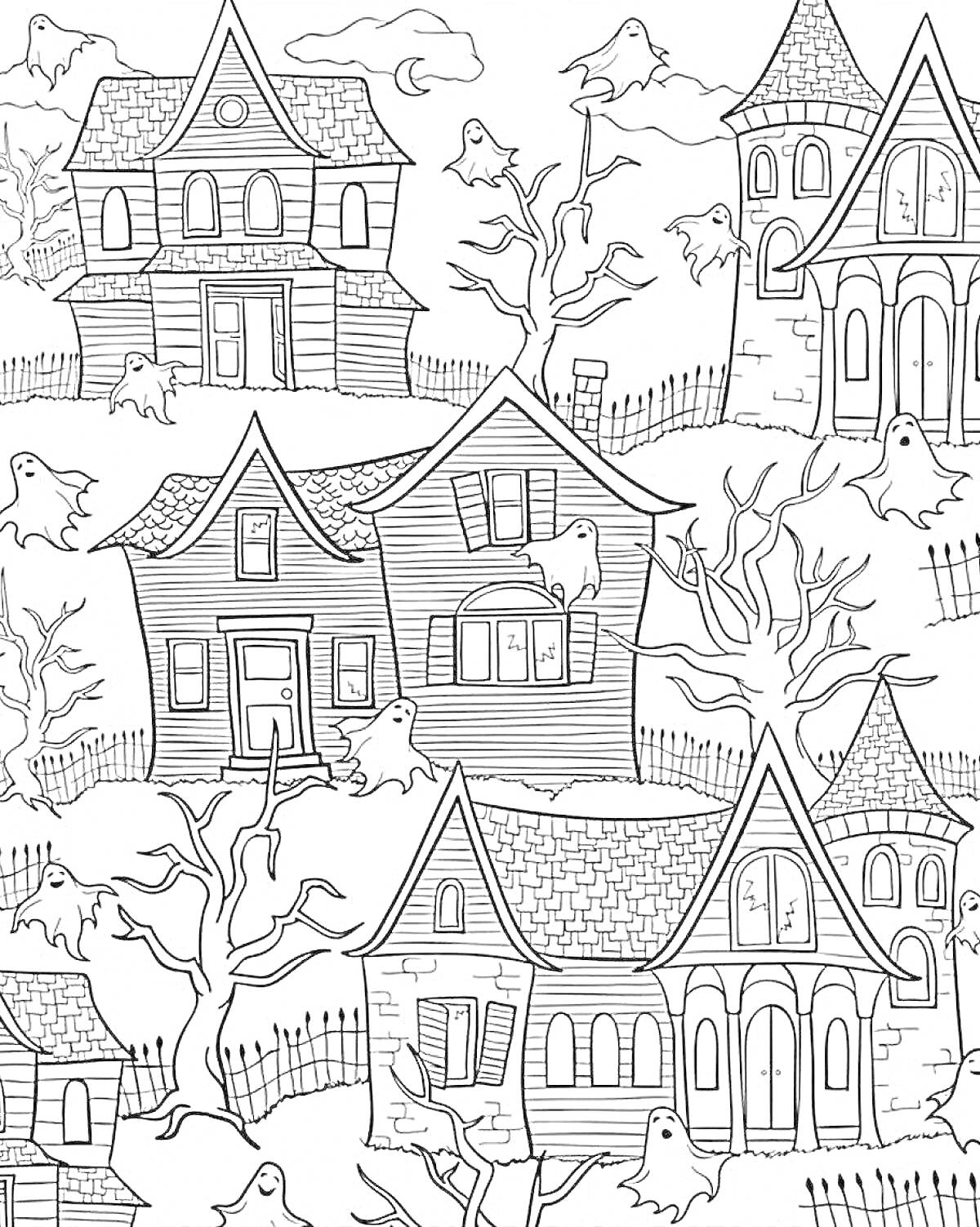 Раскраска Призрачные дома с деревьями, привидениями и заборами