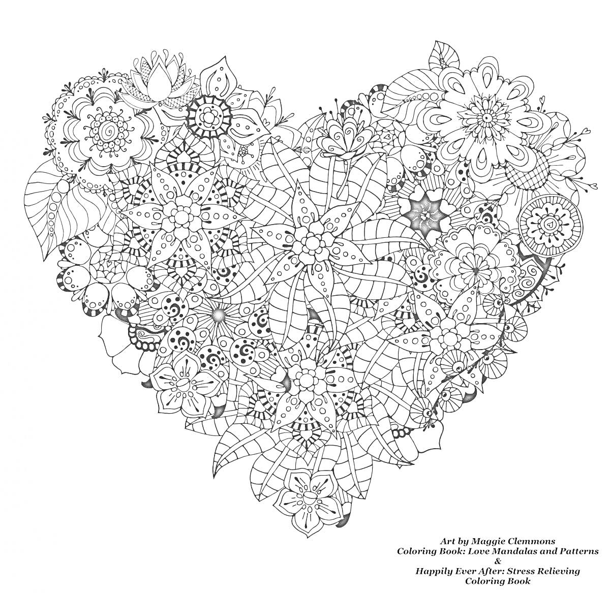 Раскраска Сердце из цветов и листьев