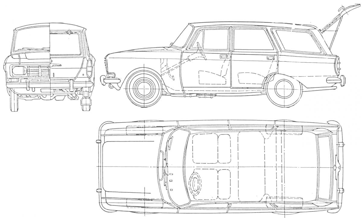 Раскраска Вид спереди, сбоку и сверху автомобиля Москвич 412