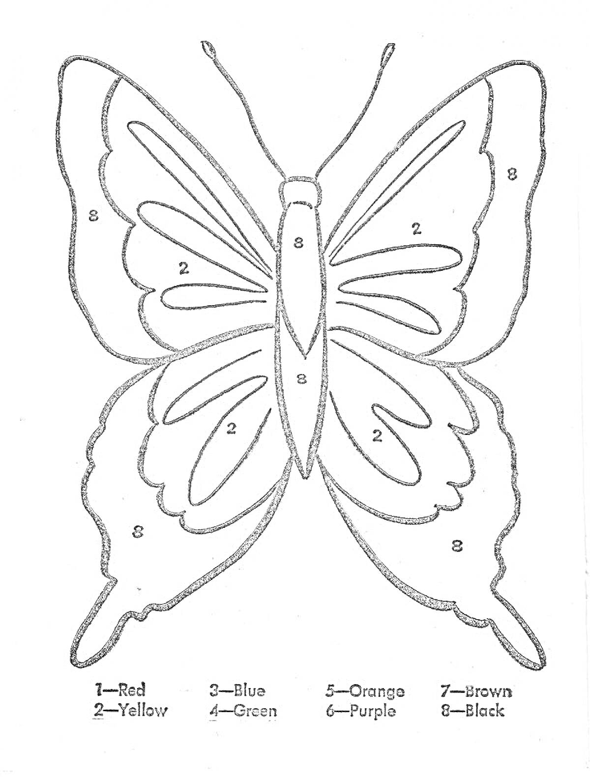 На раскраске изображено: Бабочка, По номерам, Желтый, Зеленый