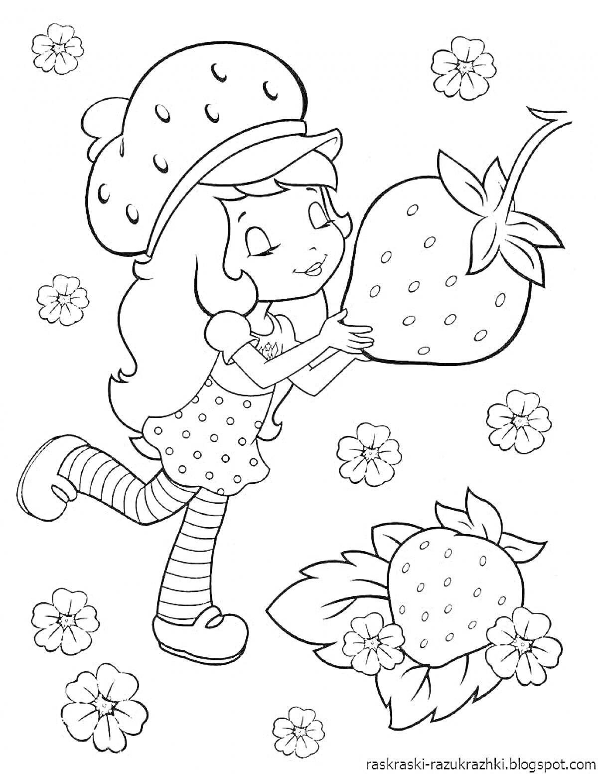 Раскраска Девочка в костюме клубники с большой клубникой и цветами