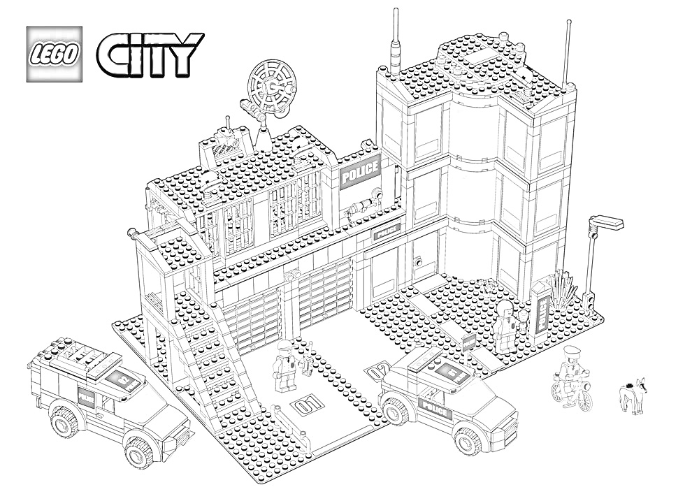 На раскраске изображено: LEGO City, Полицейский участок, Гараж, Лестница, Камера, Велосипед, Собака, Здание, Лего, Антенны, Авто, Полиция, Фонари