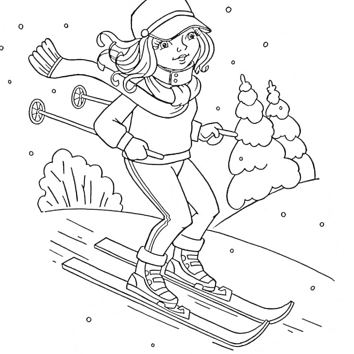 На раскраске изображено: Зимние виды спорта, Лыжи, Девочка, Зима, Снег, Деревья, Шапка, Шарф, Природа, Для детей