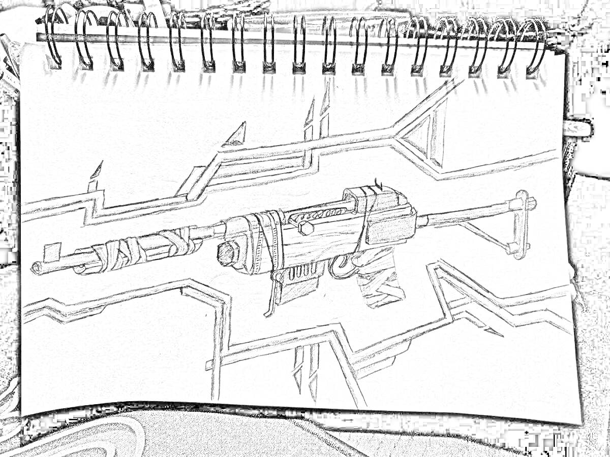 На раскраске изображено: Винтовка, Оружие, Блокнот