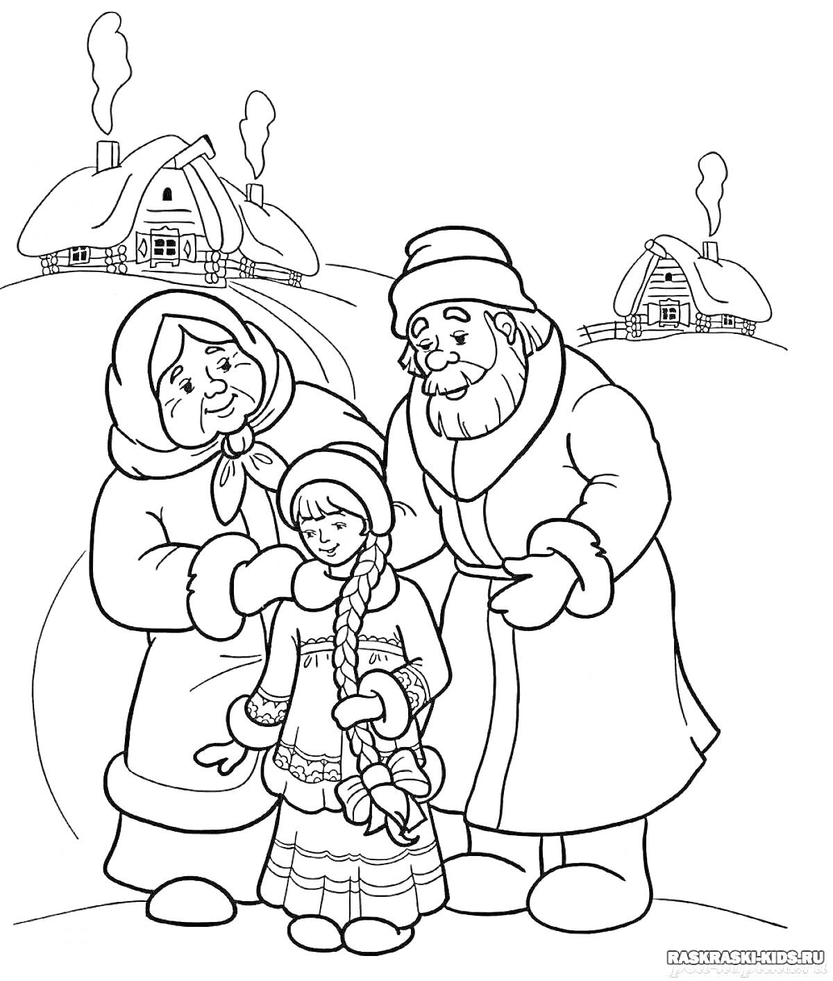На раскраске изображено: Снегурочка, Зима, Деревня, Бабушка, Снег, Сельская местность, Традиционная одежда