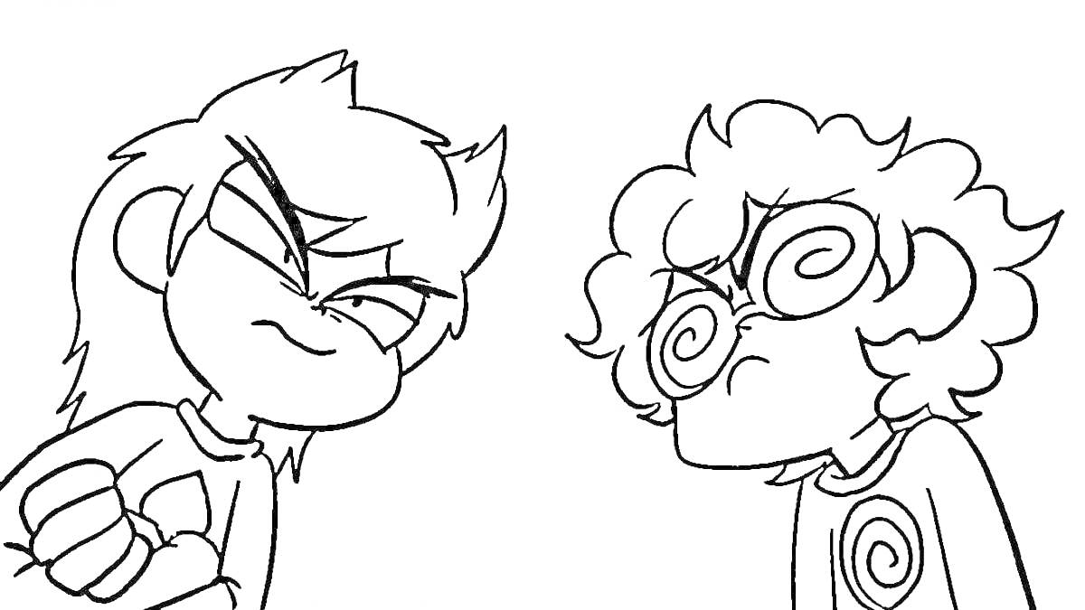 Раскраска два сердитых персонажа с разными прическами и одеждой, один с короткими острыми волосами и сжатым кулаком, другой с кудрявыми волосами и спиралевидными очками