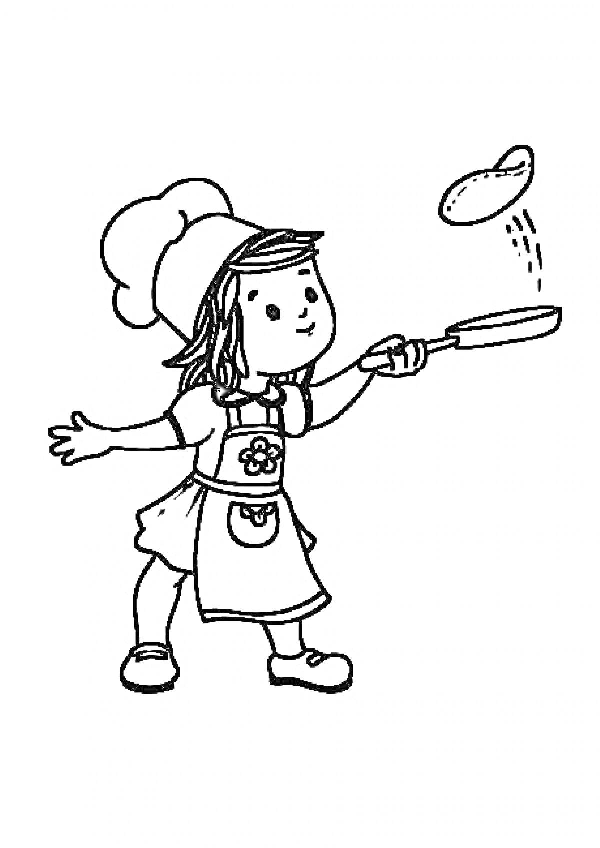Раскраска Девочка в колпаке шеф-повара, подбрасывающая блин в сковороде