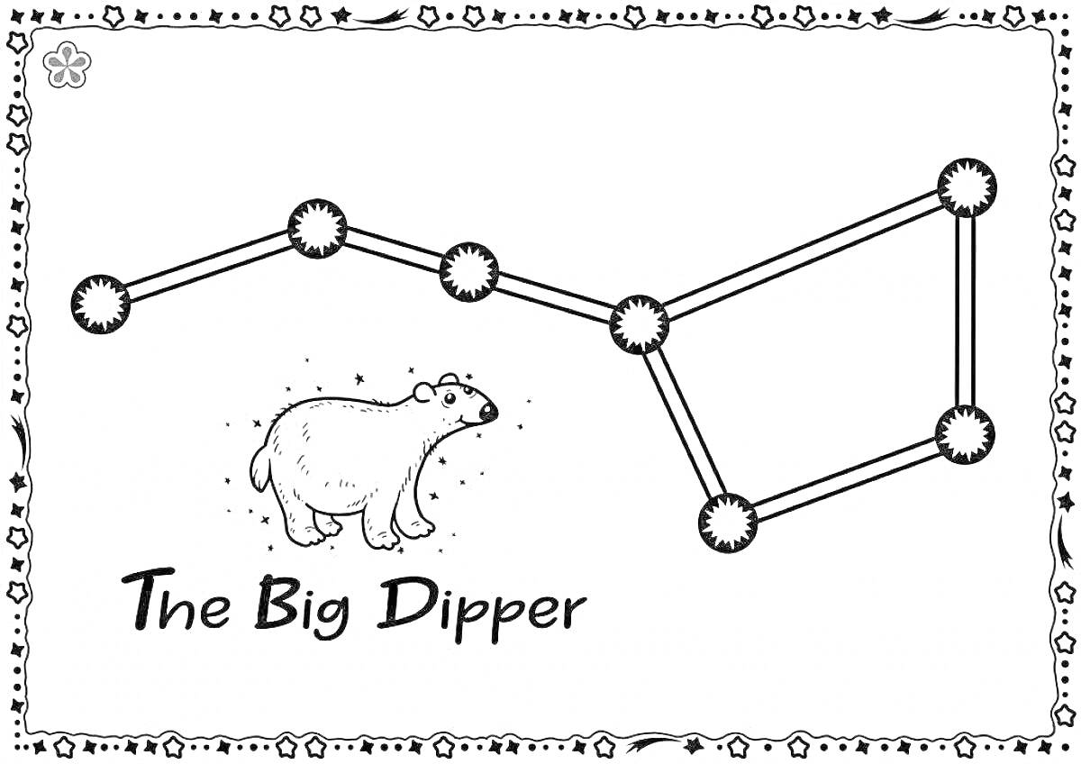Раскраска The Big Dipper с изображением созвездия и медведя, звездное небо, рамка с рисунками растений