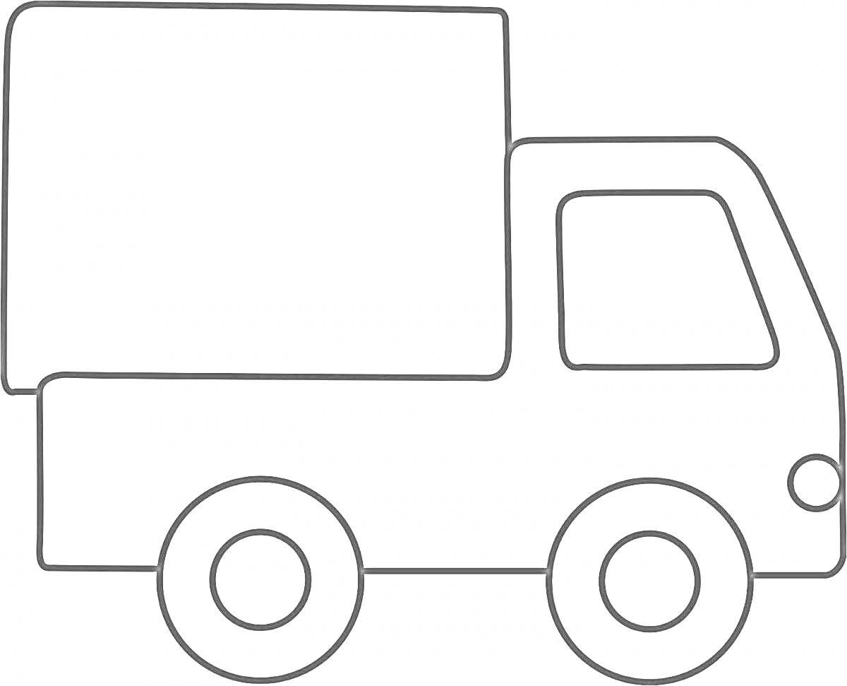Раскраска Грузовик с двумя круглыми колесами, прямоугольной кабиной и вместительным контейнером