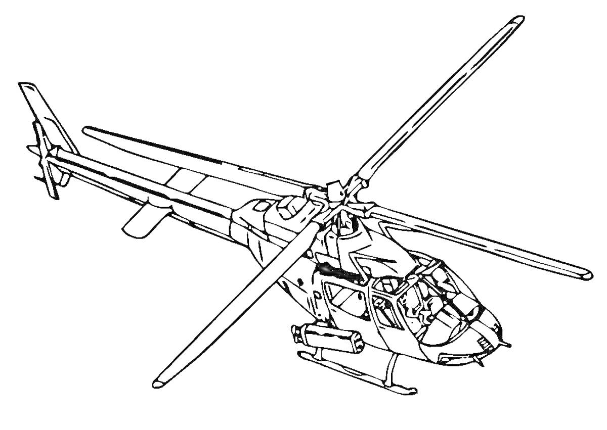 Раскраска Военный вертолет с ракетами и четырьмя лопастями