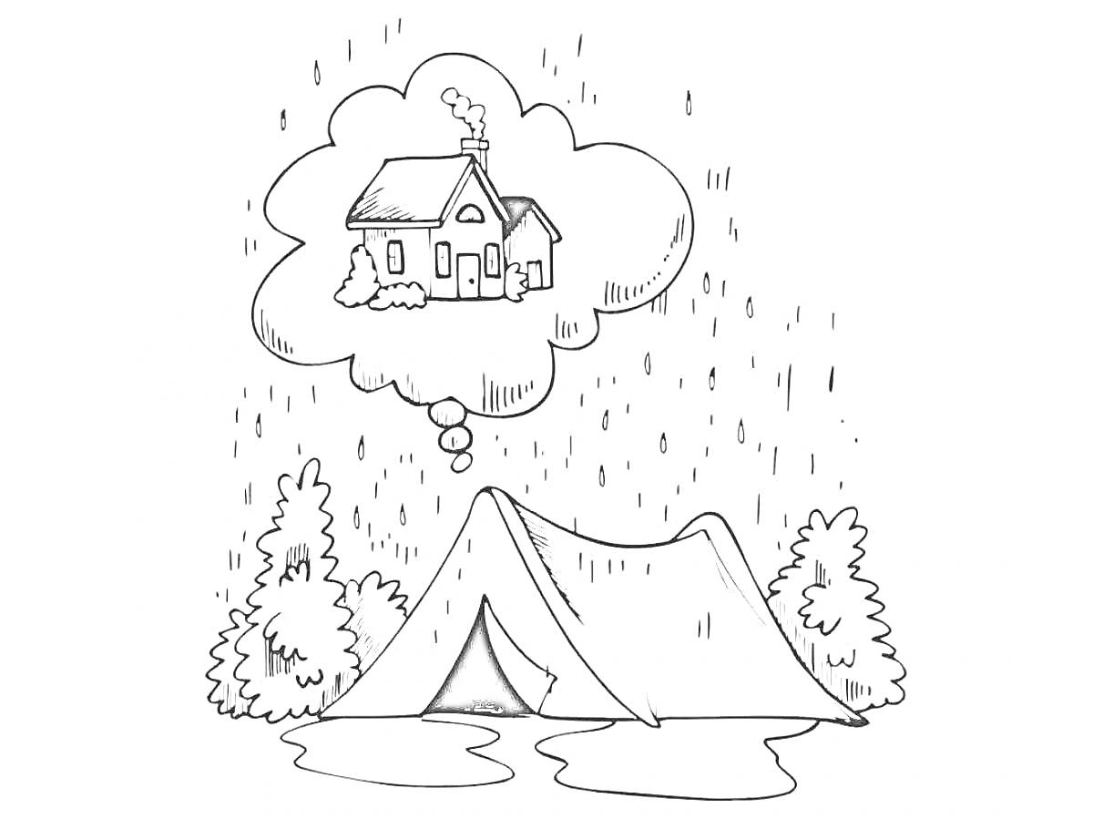 На раскраске изображено: Палатка, Дождь, Лес, Дом, Мысли, Природа, Поход, Деревья, Капли дождя