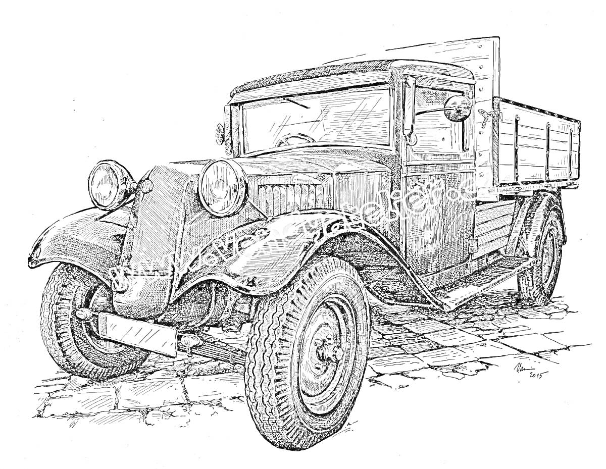Раскраска Машина полуторка в годы войны на брусчатке