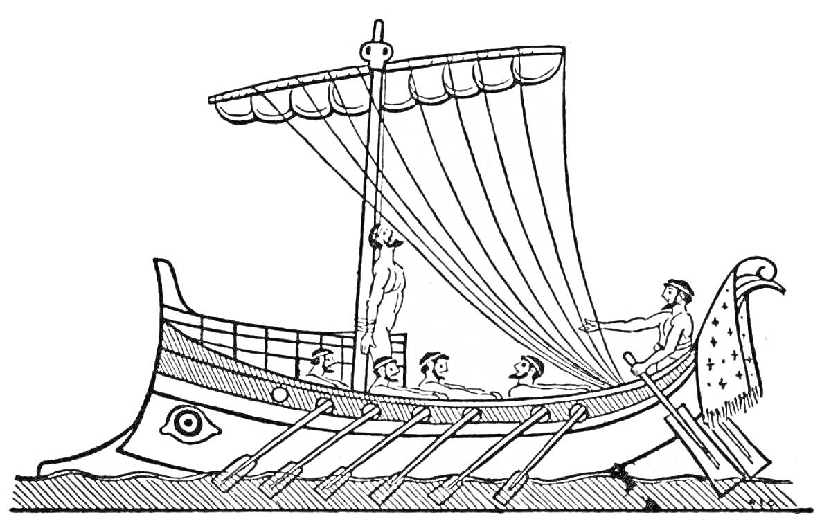 На раскраске изображено: Одиссей, Корабль, Мачта, Древняя Греция, Море, Мифические существа