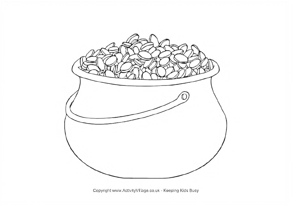 На раскраске изображено: Золото, Котел, Монеты, Богатство