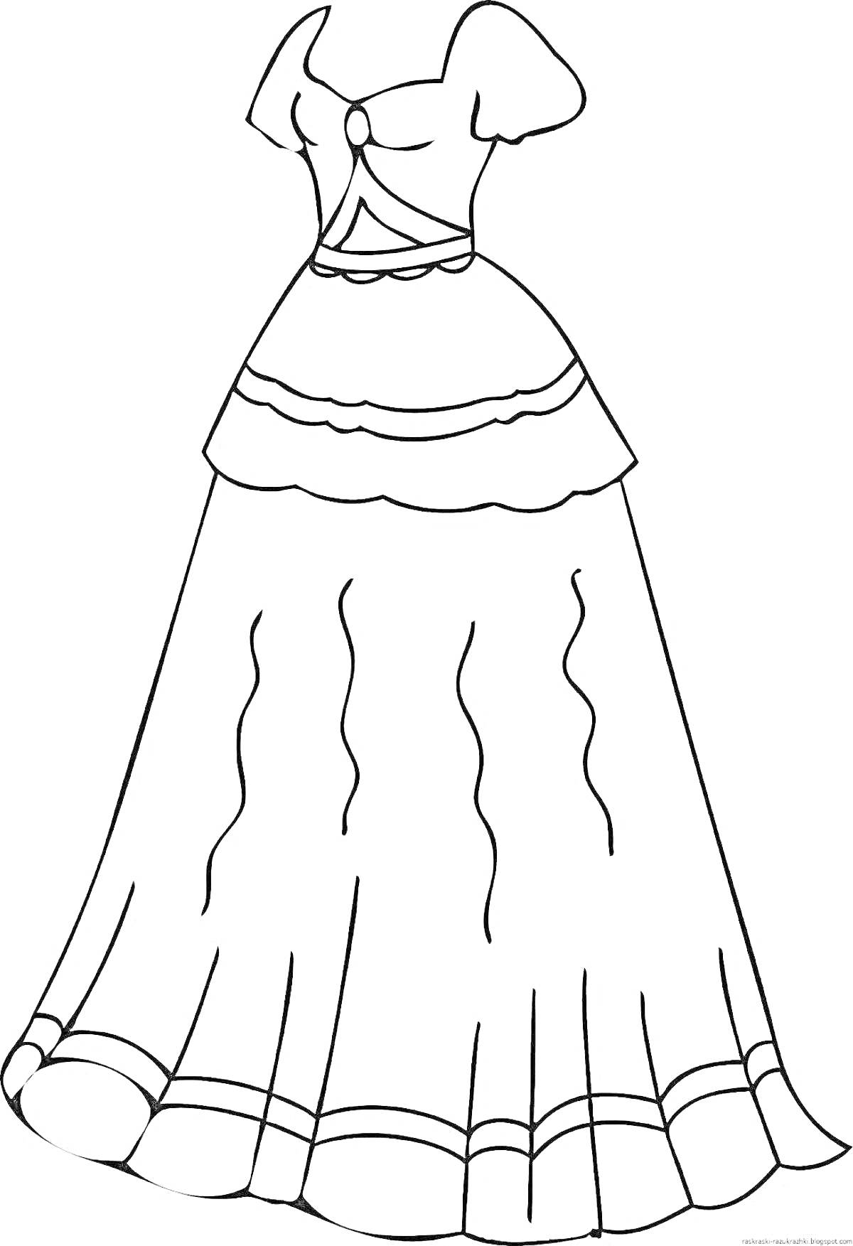 На раскраске изображено: Платье, Короткие рукава, Пояс, Оборки, Волны, 4-5 лет