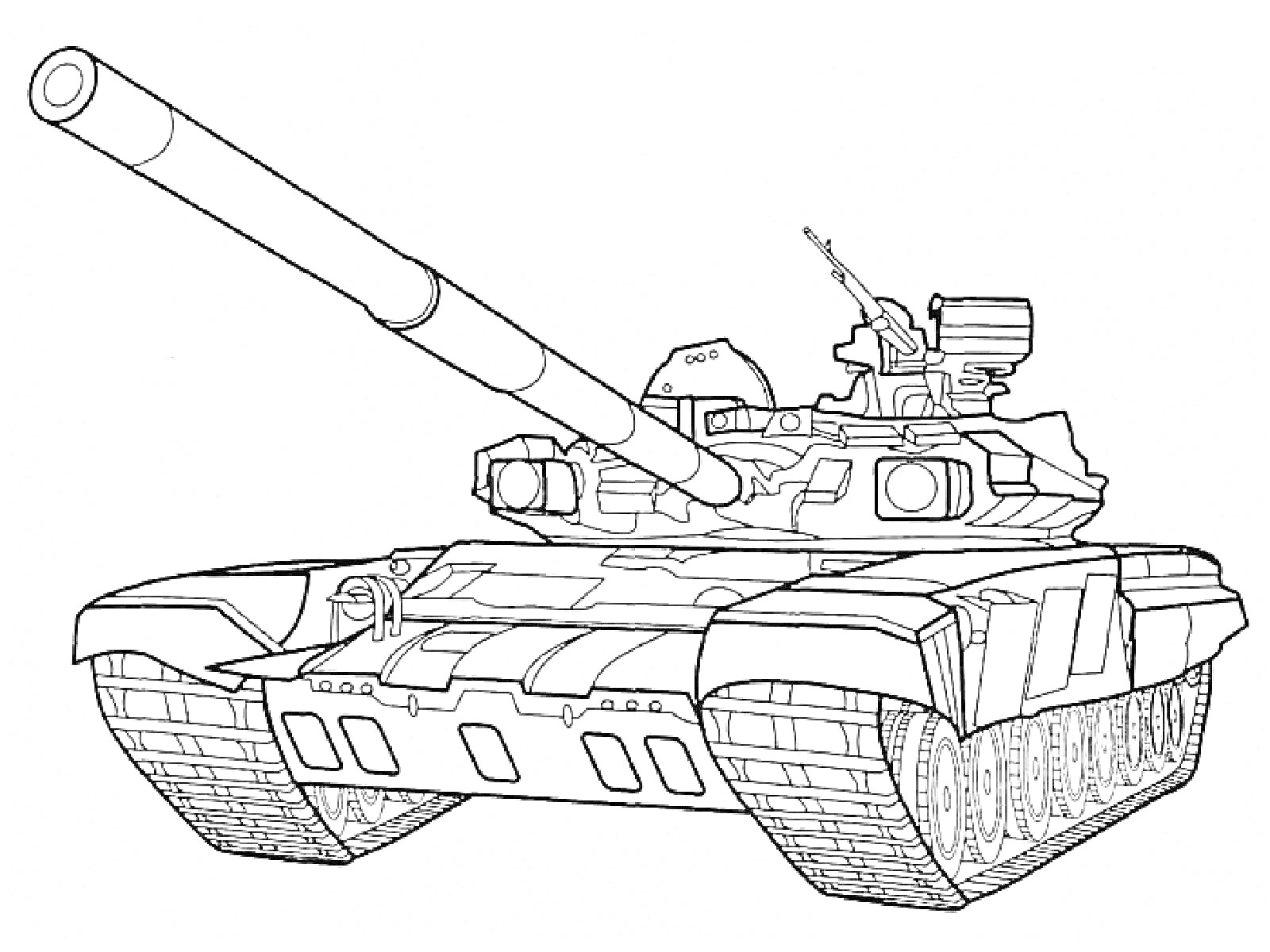 Раскраска Танковая машина с пушкой, гусеничным движителем и пулеметом на башне