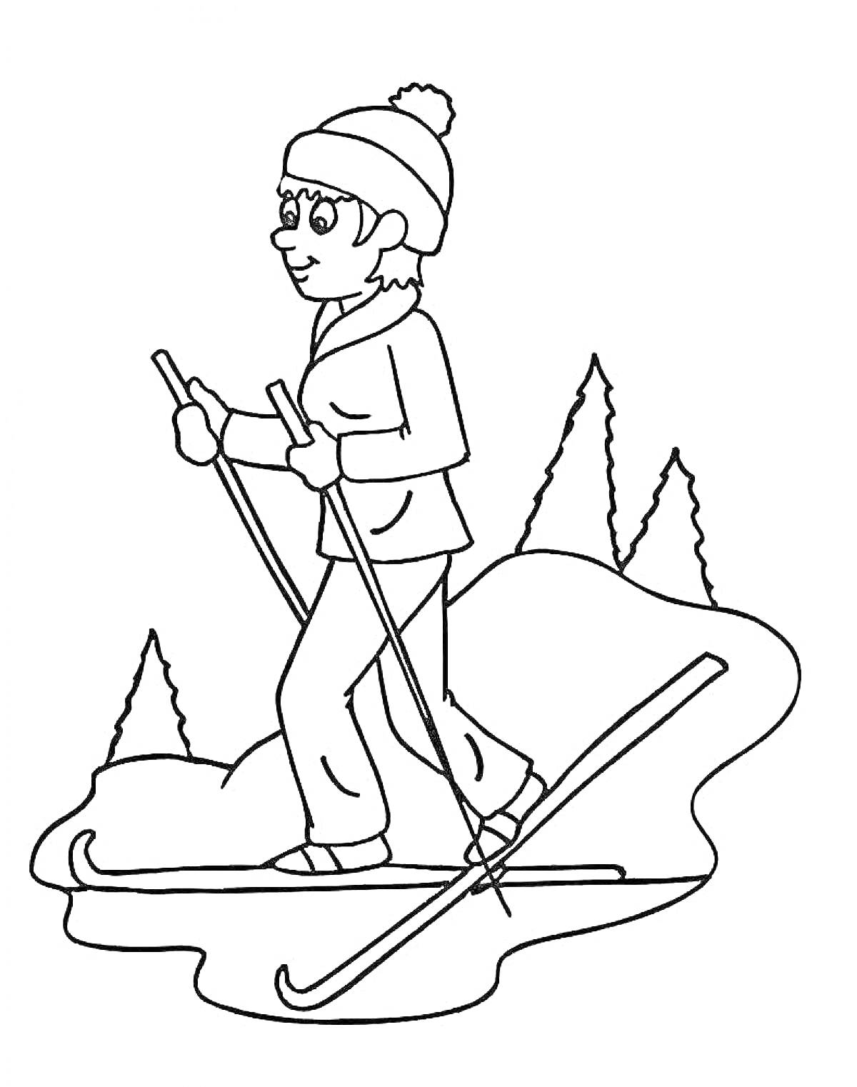 На раскраске изображено: Лыжник, Лыжи, Лыжные палки, Деревья, Снег, Зима, Шапка, Спорт