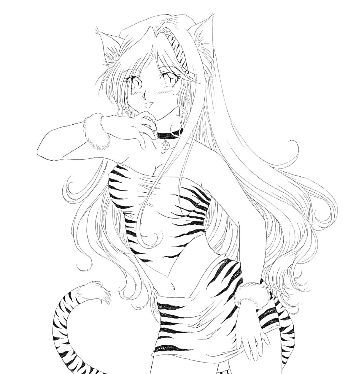 Аниме-девушка в костюме тигра с ушками и хвостом, длинные волосы, наличие меховых браслетов и чокера