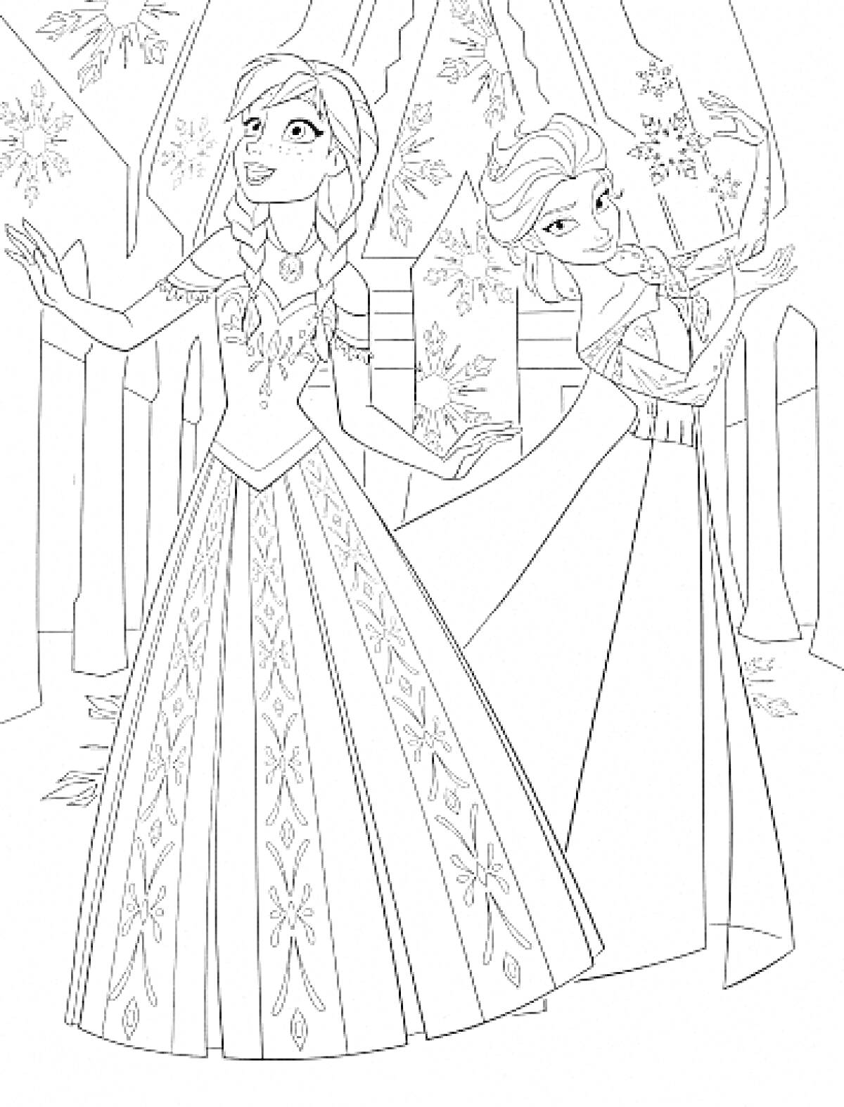 Раскраска Принцессы в замке с зимним декором, в длинных нарядных платьях