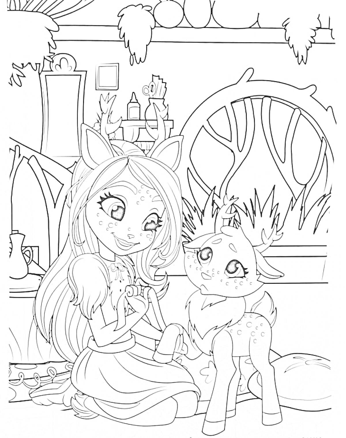Раскраска Девочка-олень с другом оленёнком в комнате с декором и аксессуарами